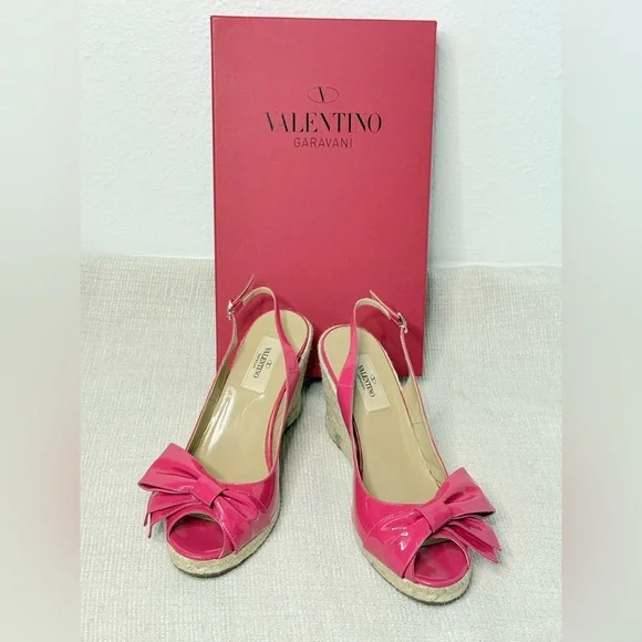 Valentino Garavani Fuchsia Patent Bow Wedge Sandals EU 38 US 8 Box - Picture 5 of 12